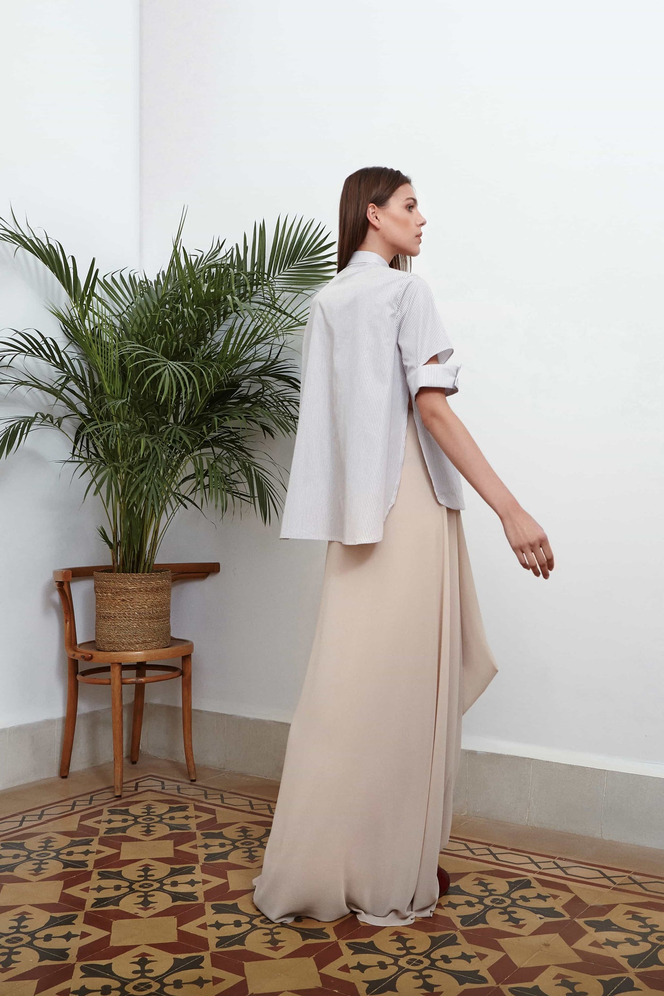 Floor-Length Beige Georgette Molded Skirt