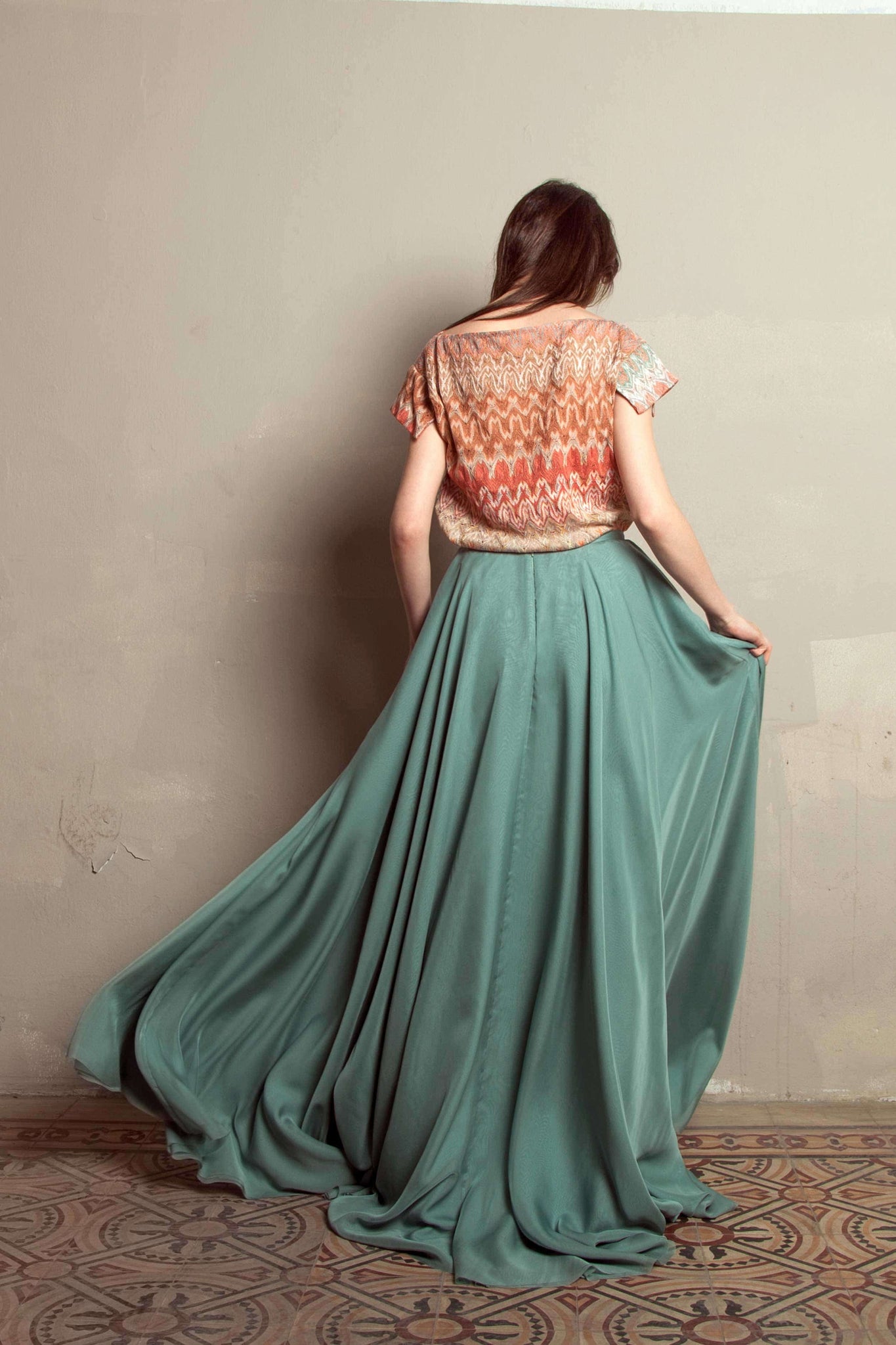 LARAKHOURY Spearmint Chiffon Skirt Back