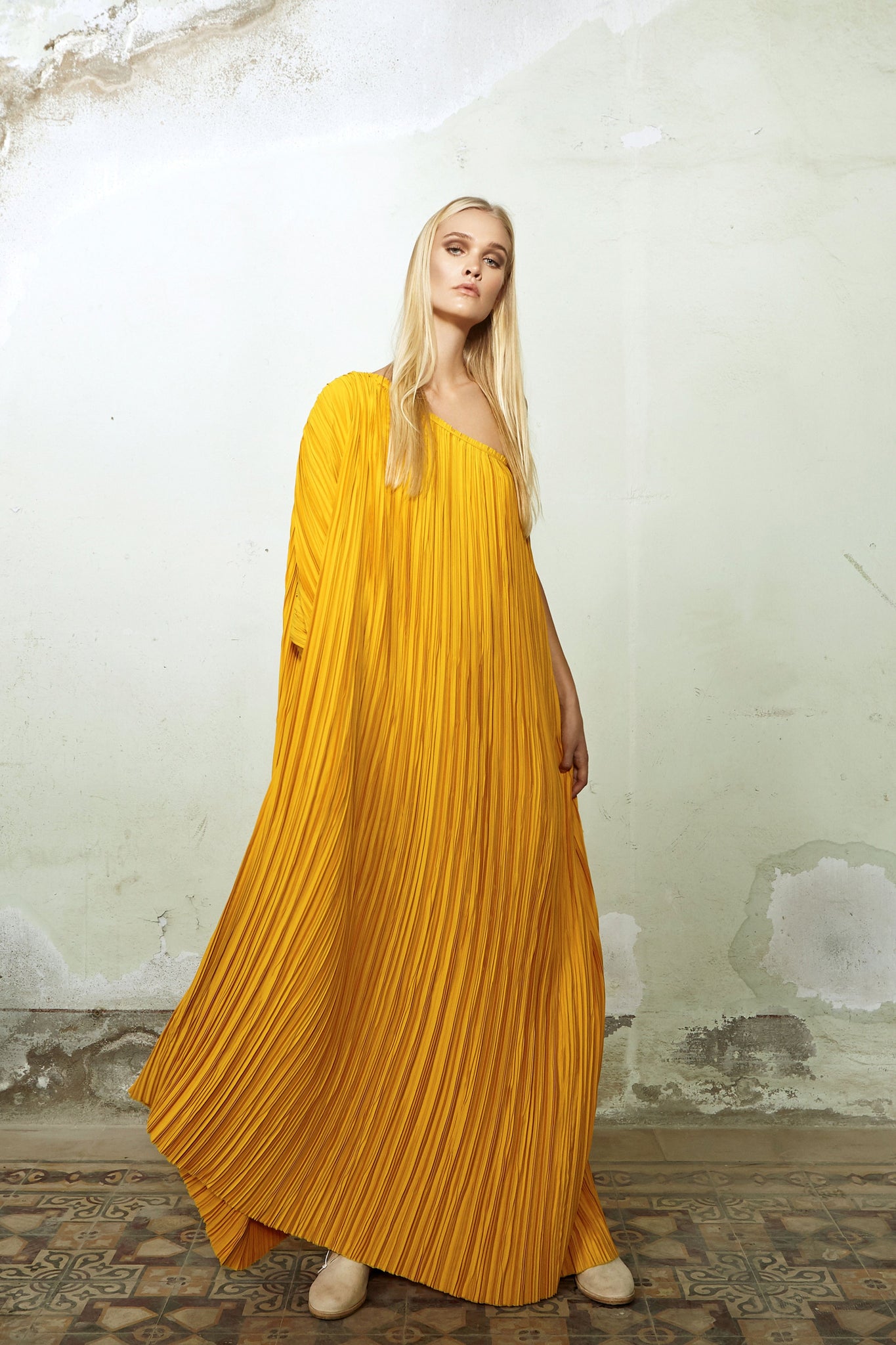 Asymmetrical Yellow Pleated Crepe Dress - LARAKHOURY