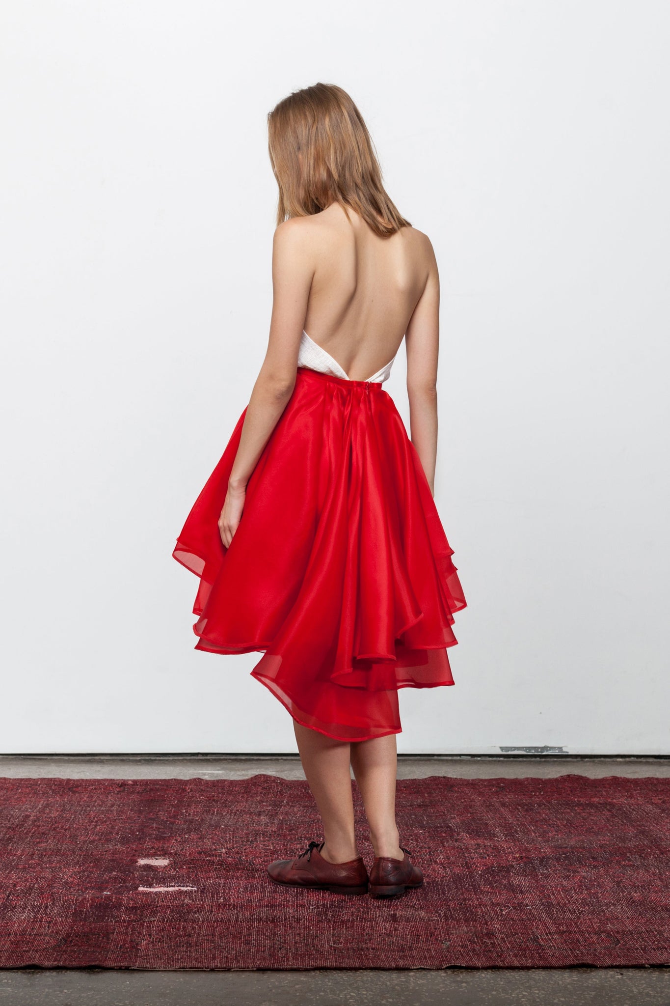 Red Silk Organza Drape Skirt - LARAKHOURY